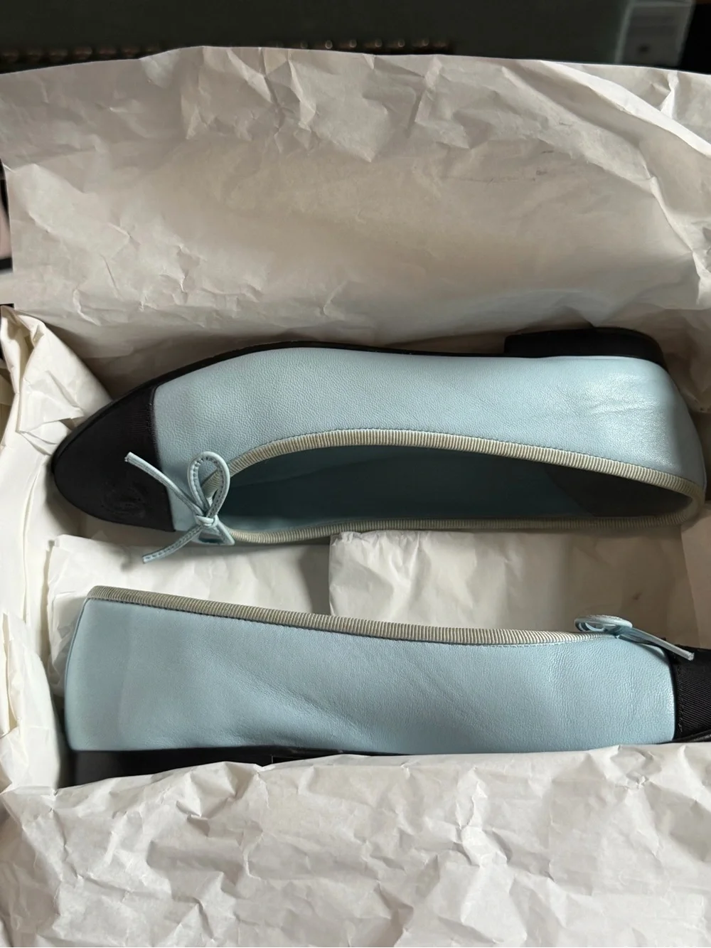 Chanel Two Tone Leather Ballet Flats Light Blue Black CC Bow Shoes 36.5